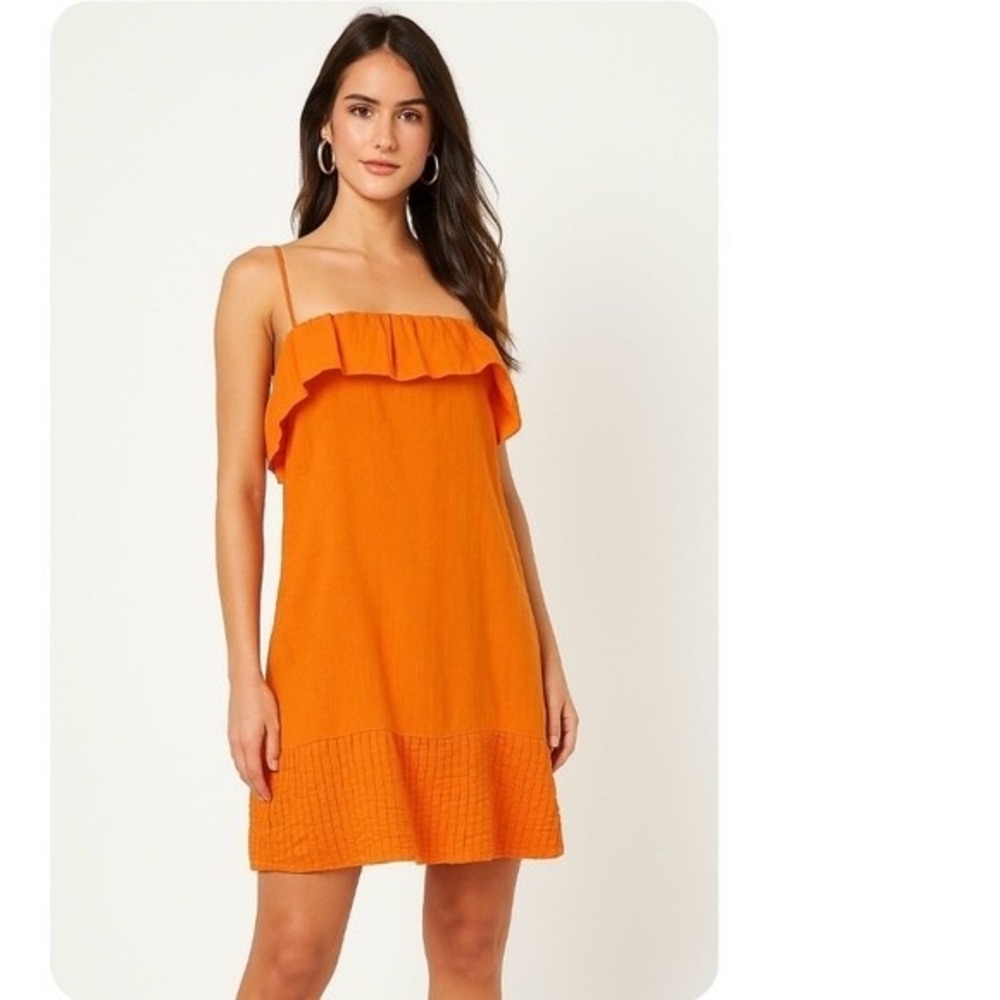 Calypso St. Barth Orange Solid Linen Blend Ruffle Hem Mini Sun Dress Size Small